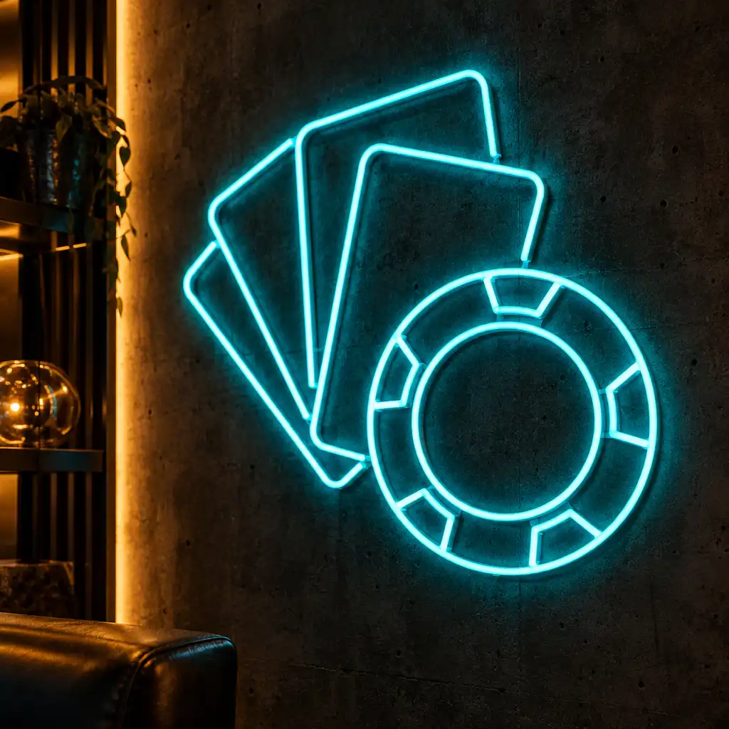 Neonowy element dekoracyjny w kolorze cyjan na ciemnej ścianie z betonu