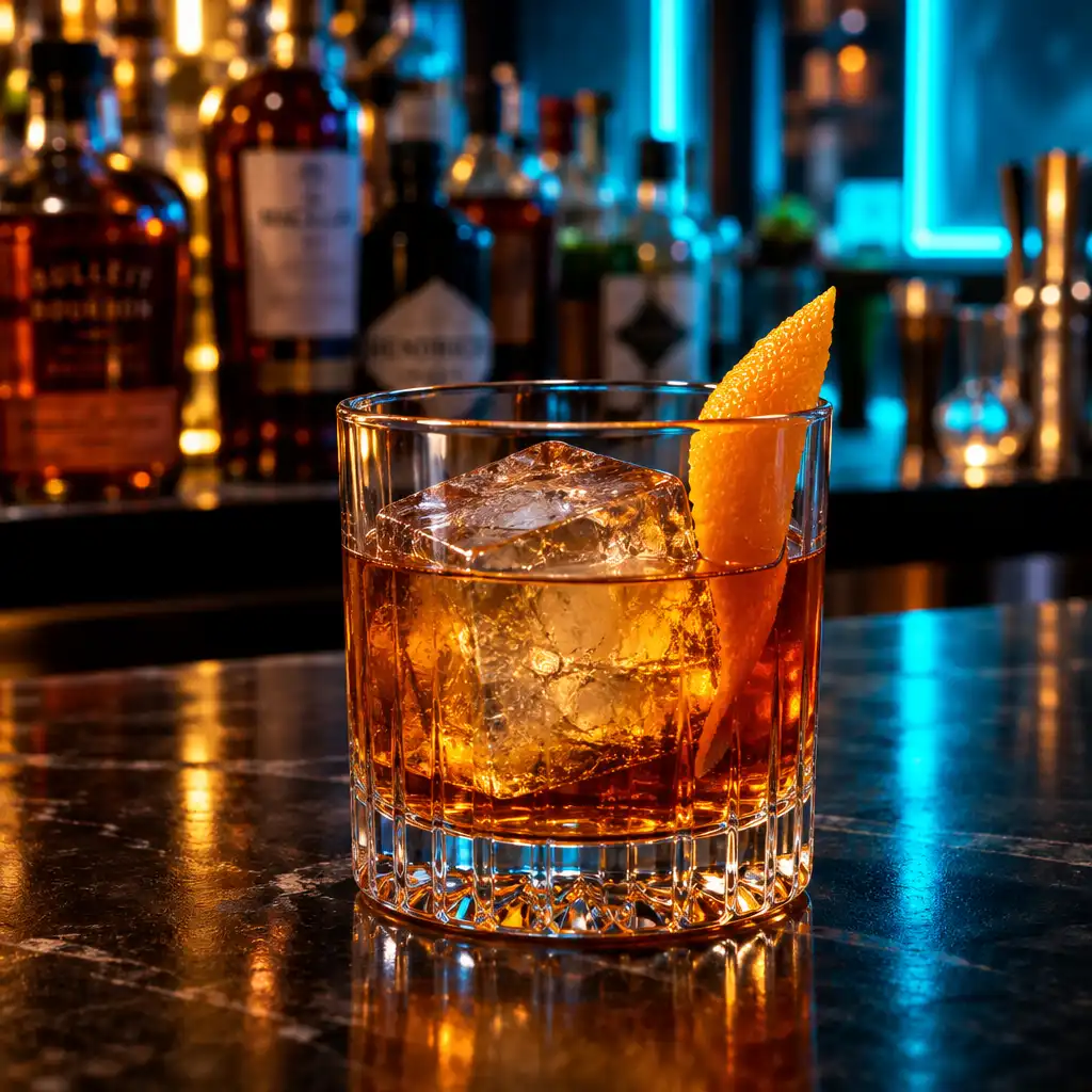 Rzemieślniczy koktajl old fashioned z bursztynowym alkoholem i skórką pomarańczy