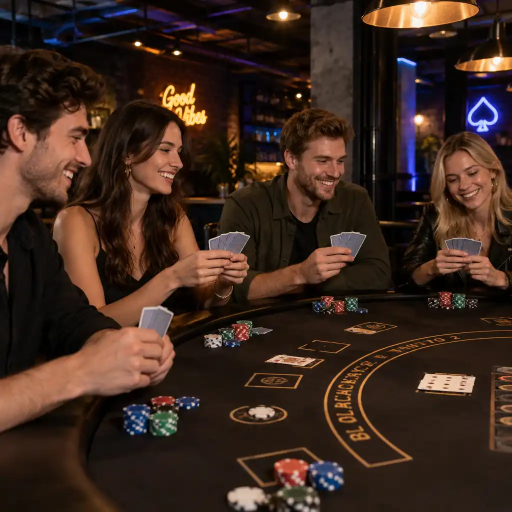 Grupa przyjaciół uśmiechnięta przy stole do blackjacka w ciemnym industrialnym wnętrzu z neonowymi akcentami