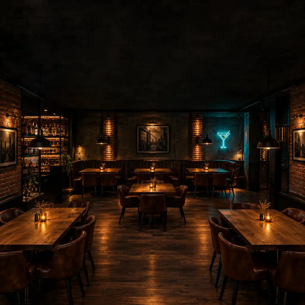 Ciemne industrialne wnętrze restauracji Grilla Telier z barem, stolikami i stołem do gry