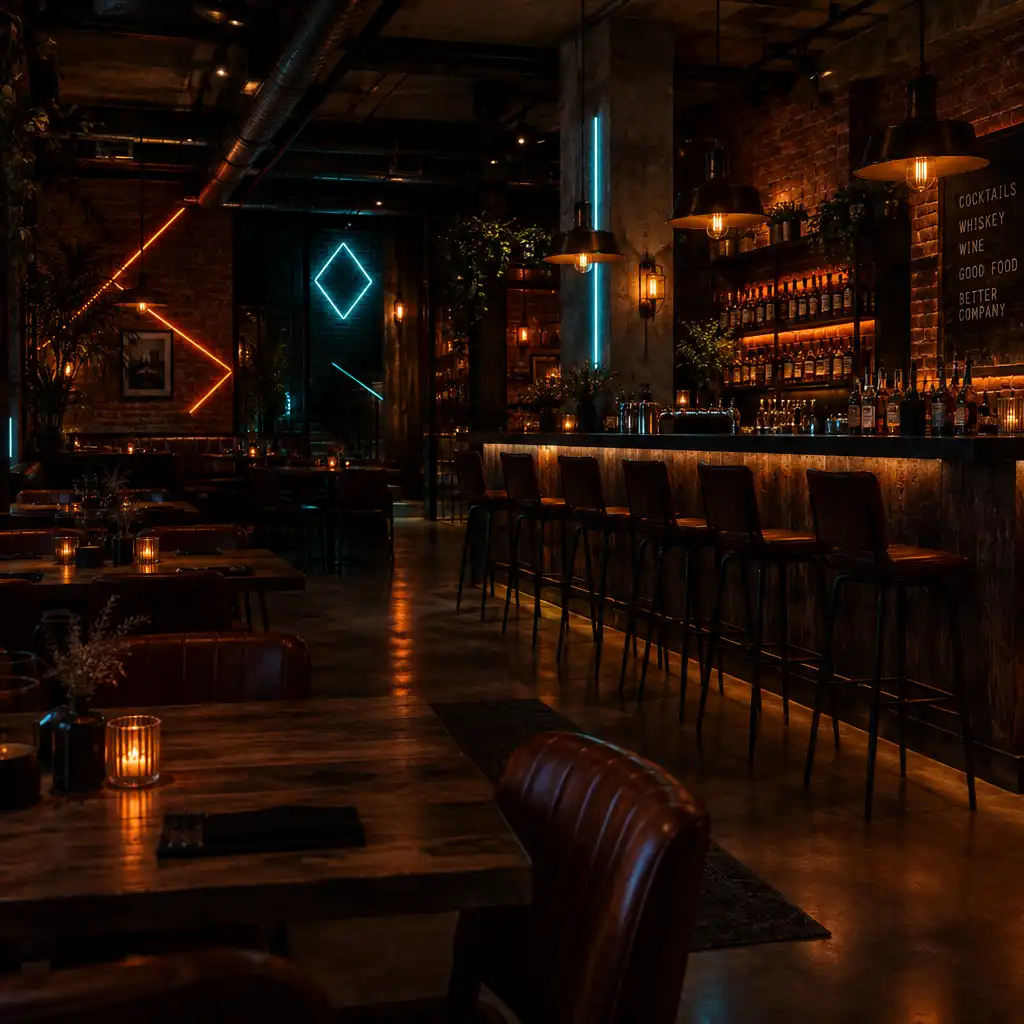 Wnętrze restauracji w stylu industrialno-speakeasy z opalonym drewnem i neonową geometrią