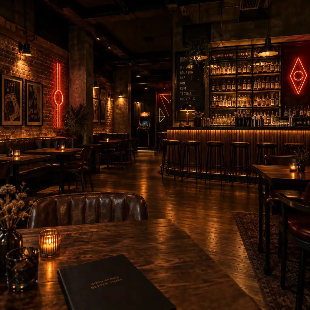 Industrialne wnętrze restauracji w stylu speakeasy z ciemnym betonem, opalonym drewnem i ciepłym oświetleniem punktowym